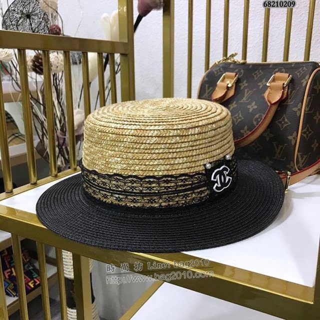 Chanel女士帽子 香奈兒簡約拼接蕾絲草編草帽盆帽禮帽  mm1402
